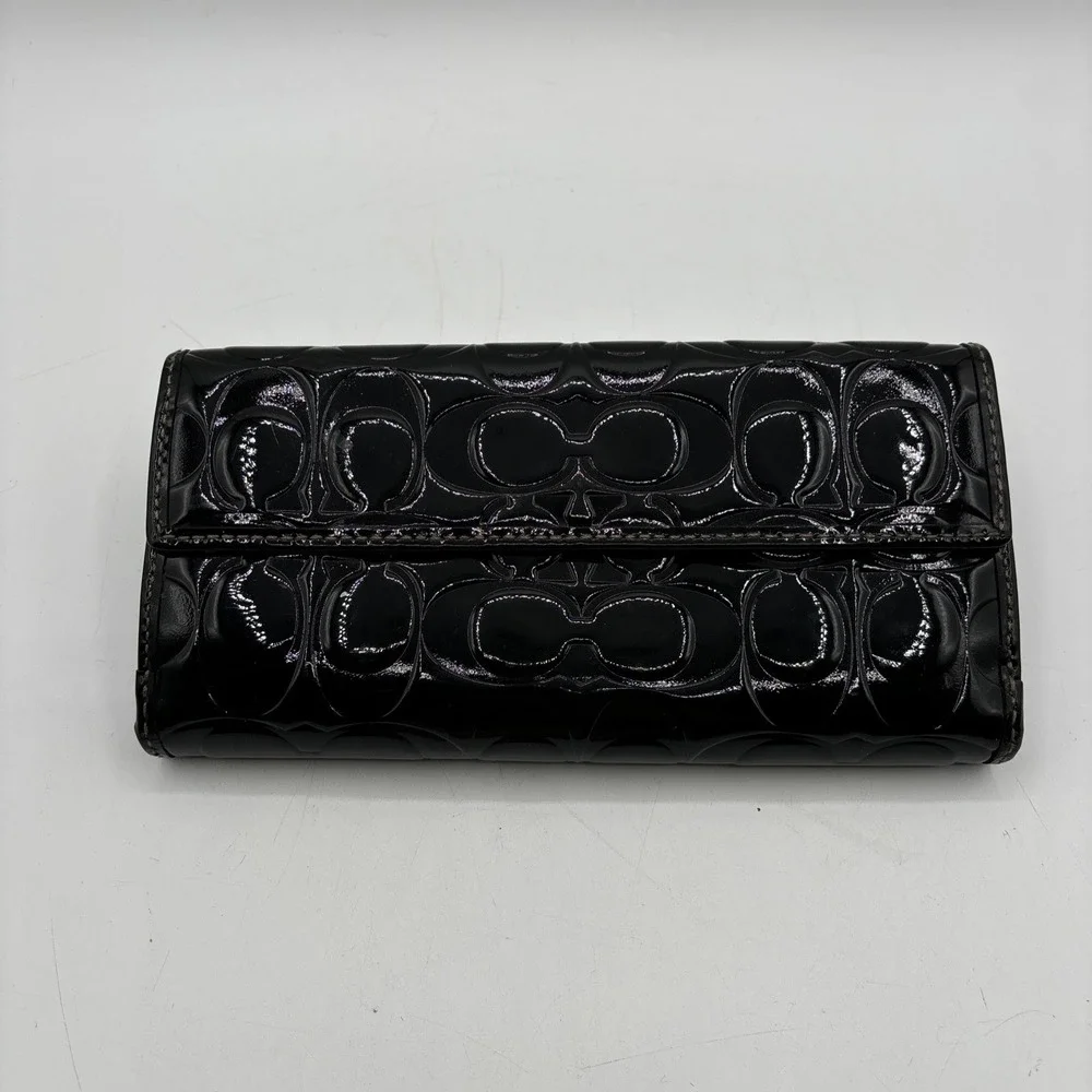Coach‎ Black Patent Leather Signature C Embossed Turnlock Slim Long Wallet